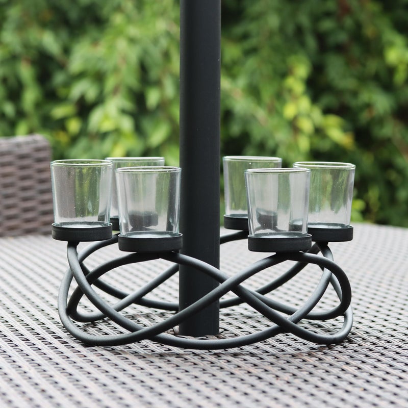 Seraphic Iron Round Table Decor Centerpiece Decorations Candle Holder for Weddings  Outdoor Patio  Kitchen  Dining Room  and Coffee Tables  Glass Votive Tealight Holders  Black  6 Clear Cups - Image 4
